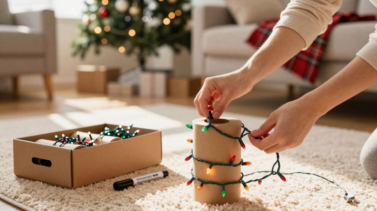 Mãos a enrolar luzes de Natal coloridas em rolos de cartão, com árvore de Natal e presentes ao fundo.