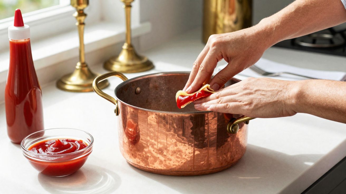 Mãos a limpar um tacho de cobre com um pano embebido em molho vermelho sobre uma bancada branca.