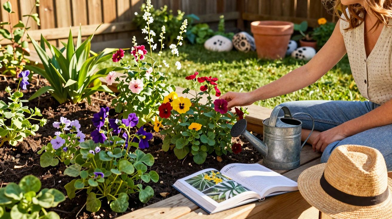 Pessoa rega flores coloridas num jardim com regador de metal e livro aberto ao lado.