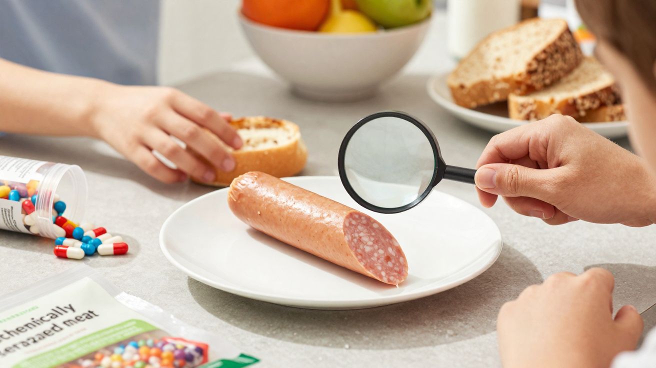 Pessoa a observar salsicha no prato com lupa, com comprimidos e pão sobre a mesa.
