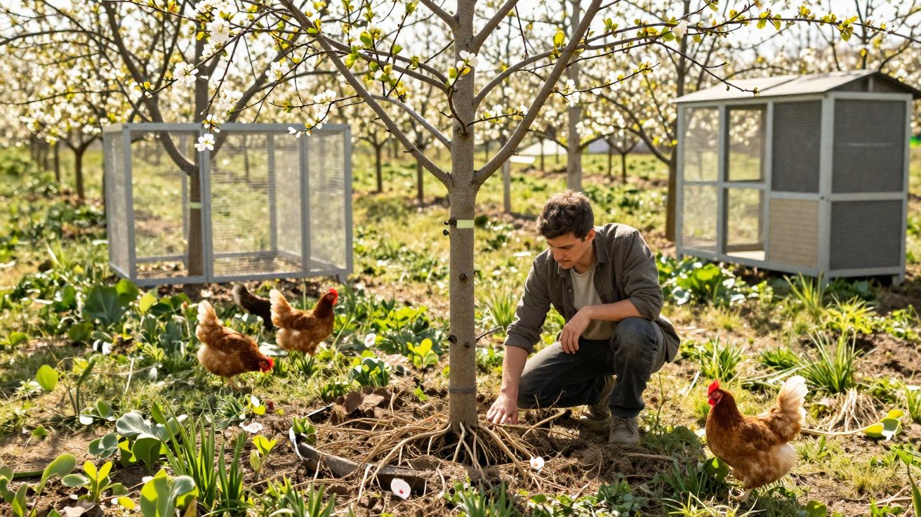 Homem a cuidar da terra perto de árvore florida com galinhas e galinheiros ao fundo numa horta.