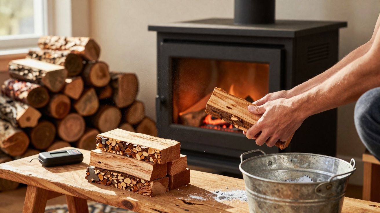 Mãos a colocar lenha numa lareira acesa, com troncos empilhados numa mesa e num cantinho da sala.