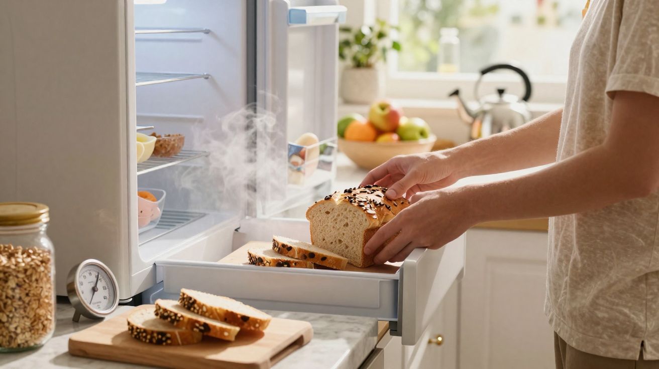 Pessoa a tirar pão quente de um compartimento de aquecimento na cozinha luminosa.