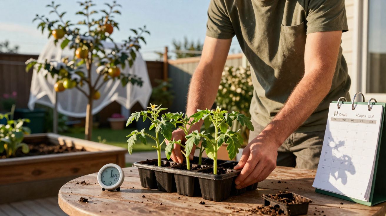 Pessoa a transplantar plantas jovens para vasos numa mesa de madeira ao ar livre, com termómetro e calendário à vista.