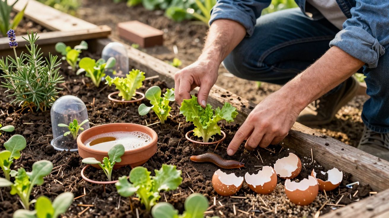 Pessoa a cuidar de alfaces num canteiro com cascas de ovo e uma lesma visível no solo.