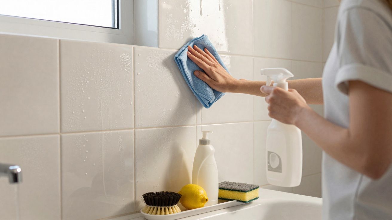 Pessoa a limpar azulejos de parede de casa de banho com pano azul e spray de limpeza.