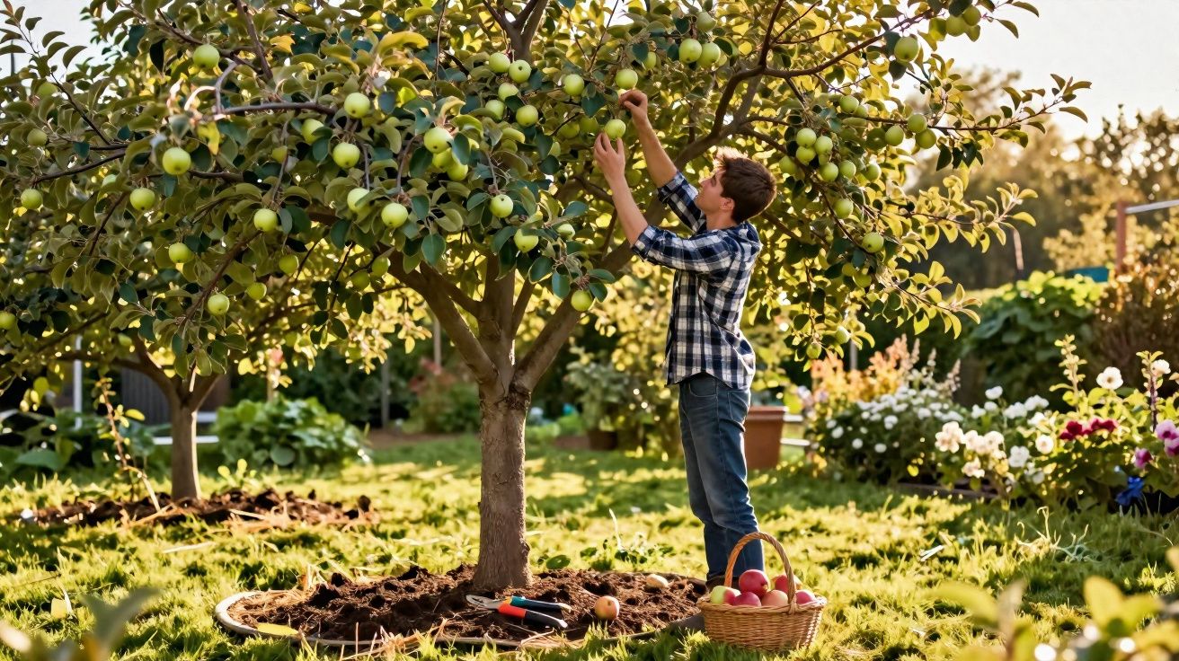 Jovem a apanhar maçãs de uma macieira num pomar ensolarado, com cesto cheio ao lado.