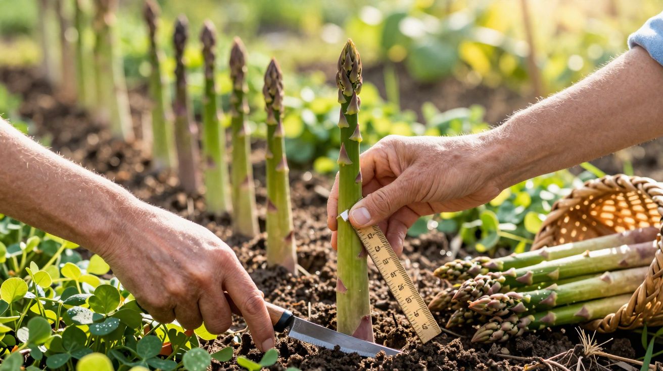 Mãos a medir e cortar espargos frescos numa plantação, com cesta cheia de espargos ao lado.