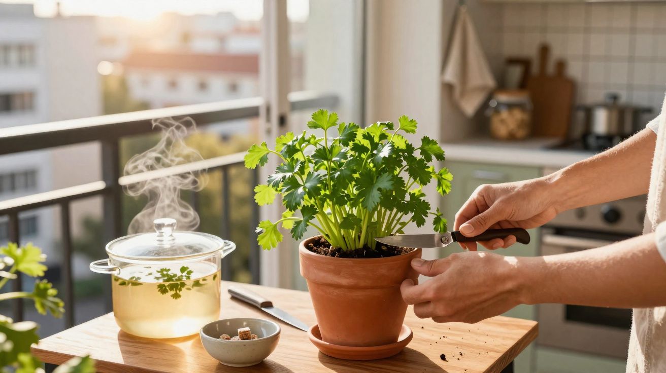 Pessoa a colher folhas frescas de salsa de vaso em cozinha com panela a ferver na varanda ao fundo.