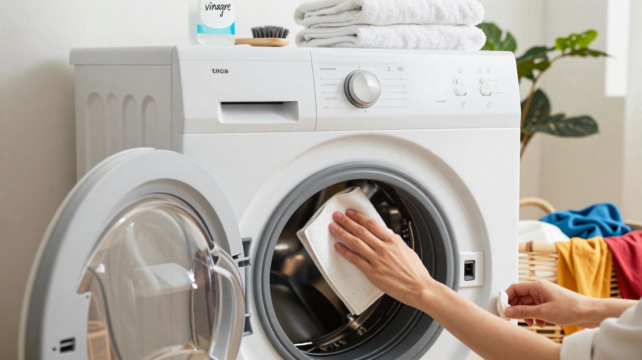 Pessoa a limpar o interior da porta de uma máquina de lavar roupa branca aberta.