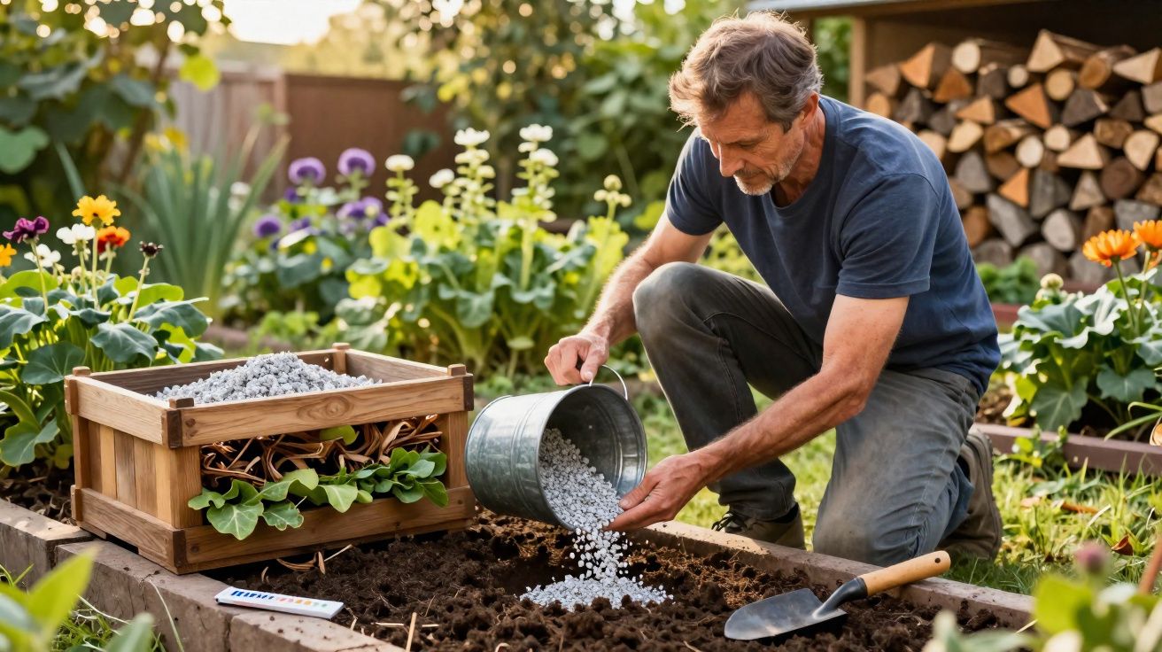 Homem a fertilizar o solo numa horta com pellets brancos, rodeado de flores e plantas.
