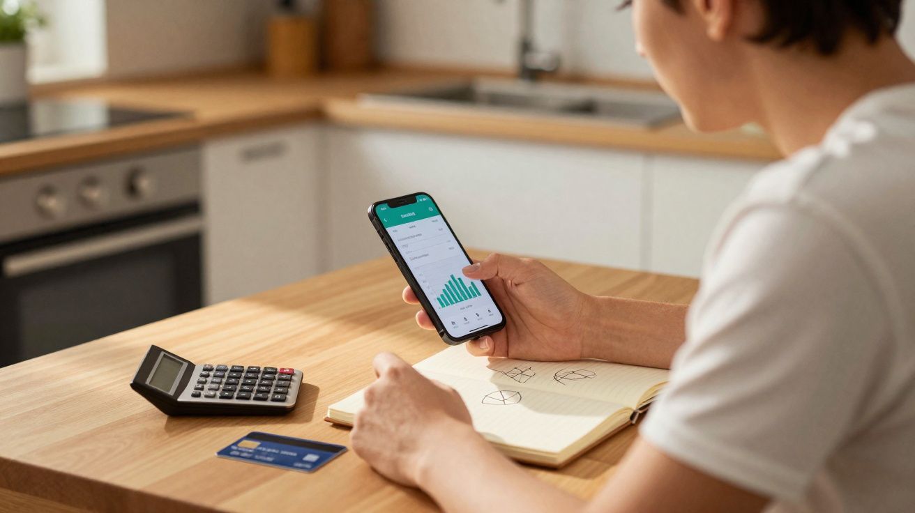 Pessoa a consultar gráfico financeiro no telemóvel com calculadora, cartão de crédito e caderno numa mesa de cozinha.