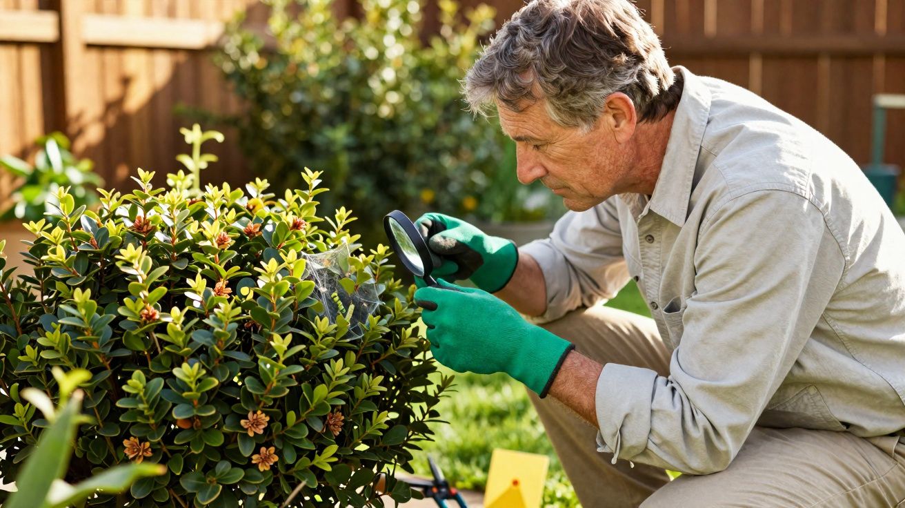 Homem com luvas verdes examina planta com lupa num jardim ensolarado cercado por vedação de madeira.
