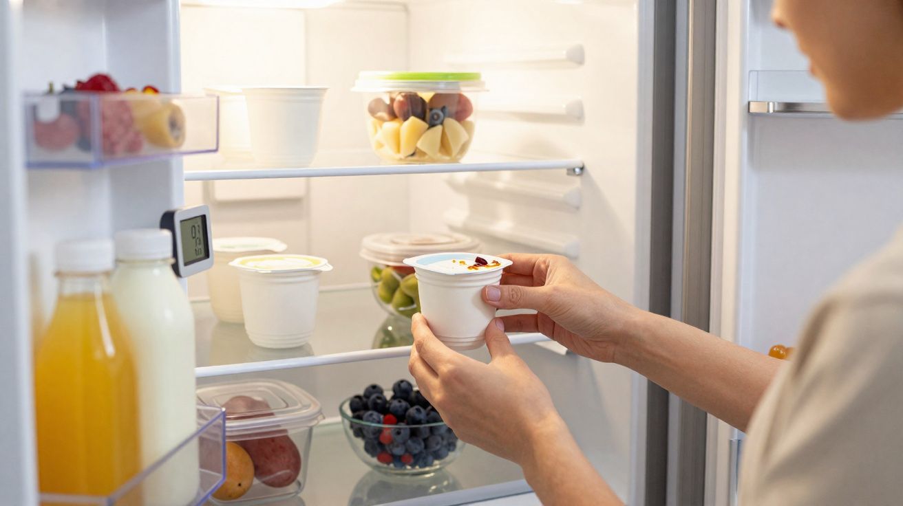 Pessoa a guardar iogurte no frigorífico com frutas, sumo e outros iogurtes visíveis nas prateleiras.
