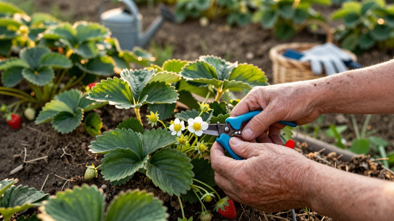 Mãos de pessoa a podar flores de uma planta de morango num jardim com tesoura azul.