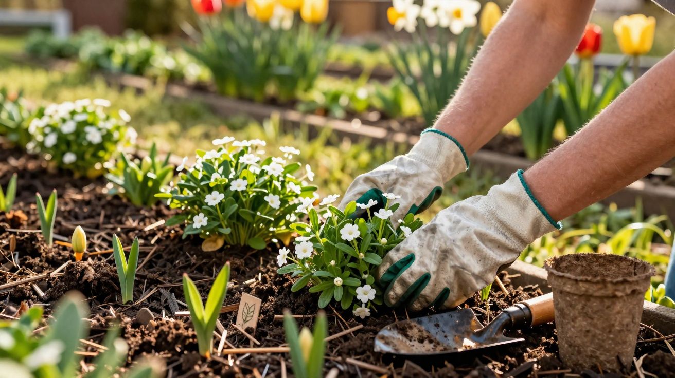 Mãos com luvas a plantar flores brancas no jardim, com ferramentas e rega ao fundo.