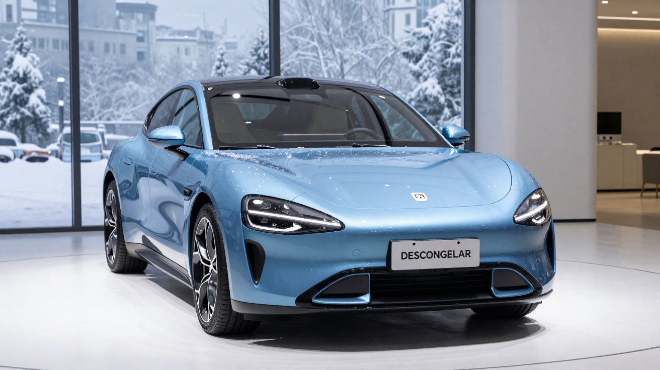 Carro elétrico desportivo azul exibido numa sala de exposição com neve visível no exterior.