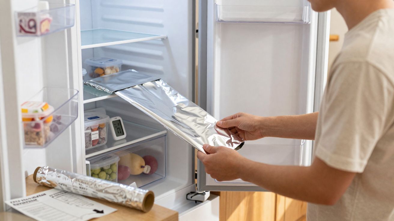 Pessoa a colocar folha de alumínio numa prateleira de frigorífico aberto numa cozinha iluminada.