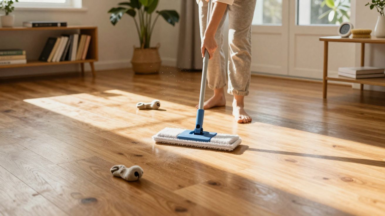 Pessoa a limpar chão de madeira com esfregona em sala iluminada com móveis e plantas.