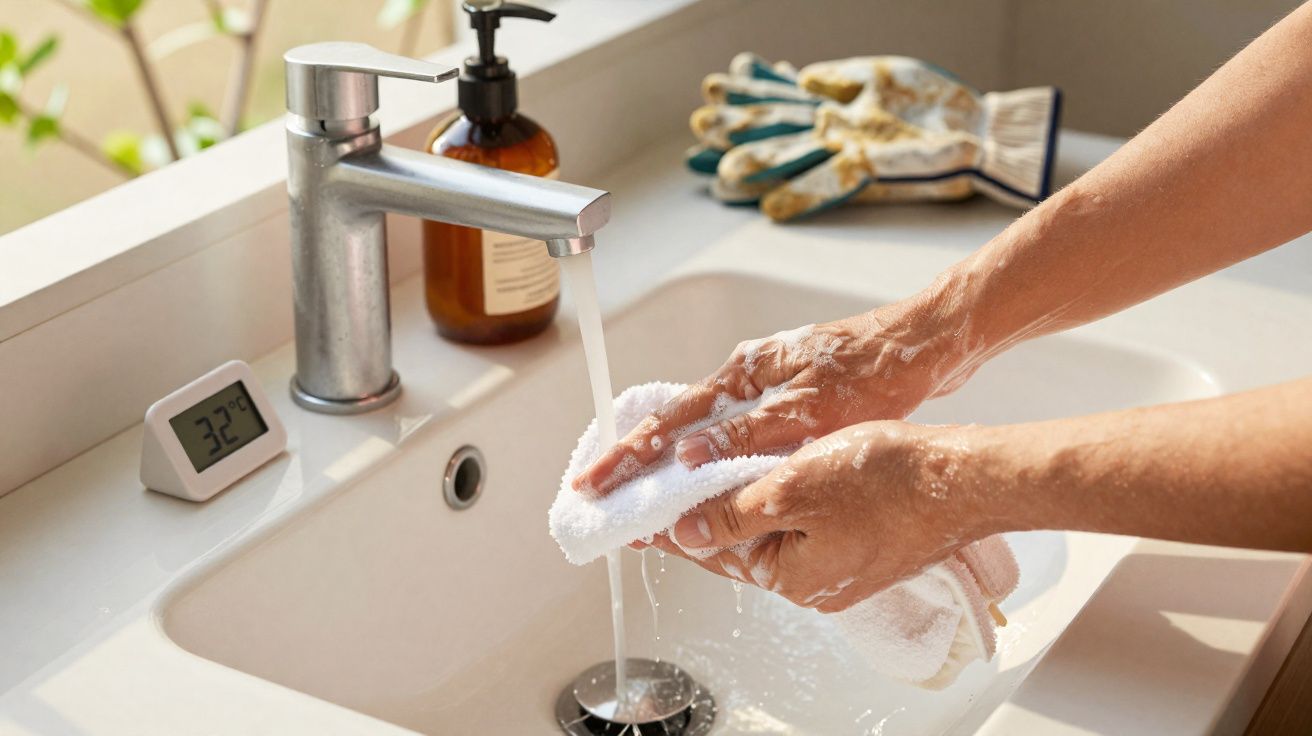 Pessoa a lavar um pano branco com água da torneira numa pia com termómetro a 32,2°C.