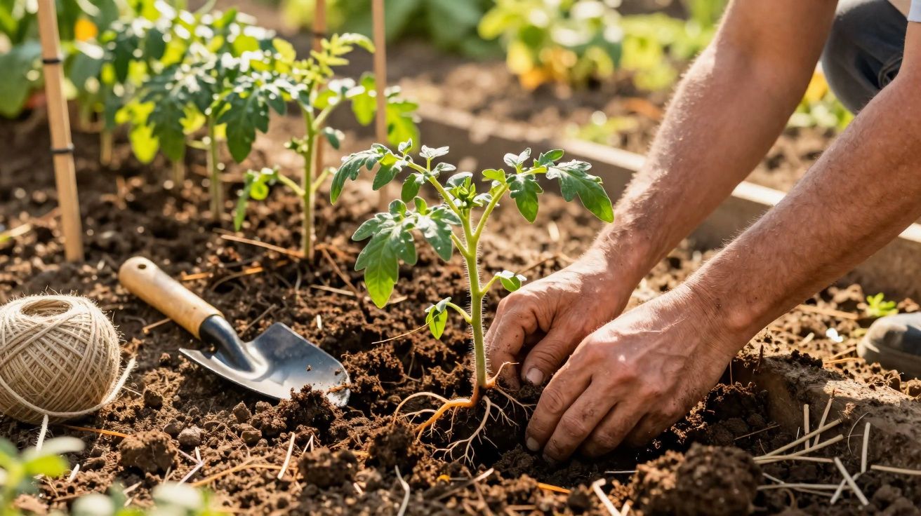 Pessoa a plantar uma muda de tomateiro num canteiro de terra com ferramentas de jardinagem próximas.
