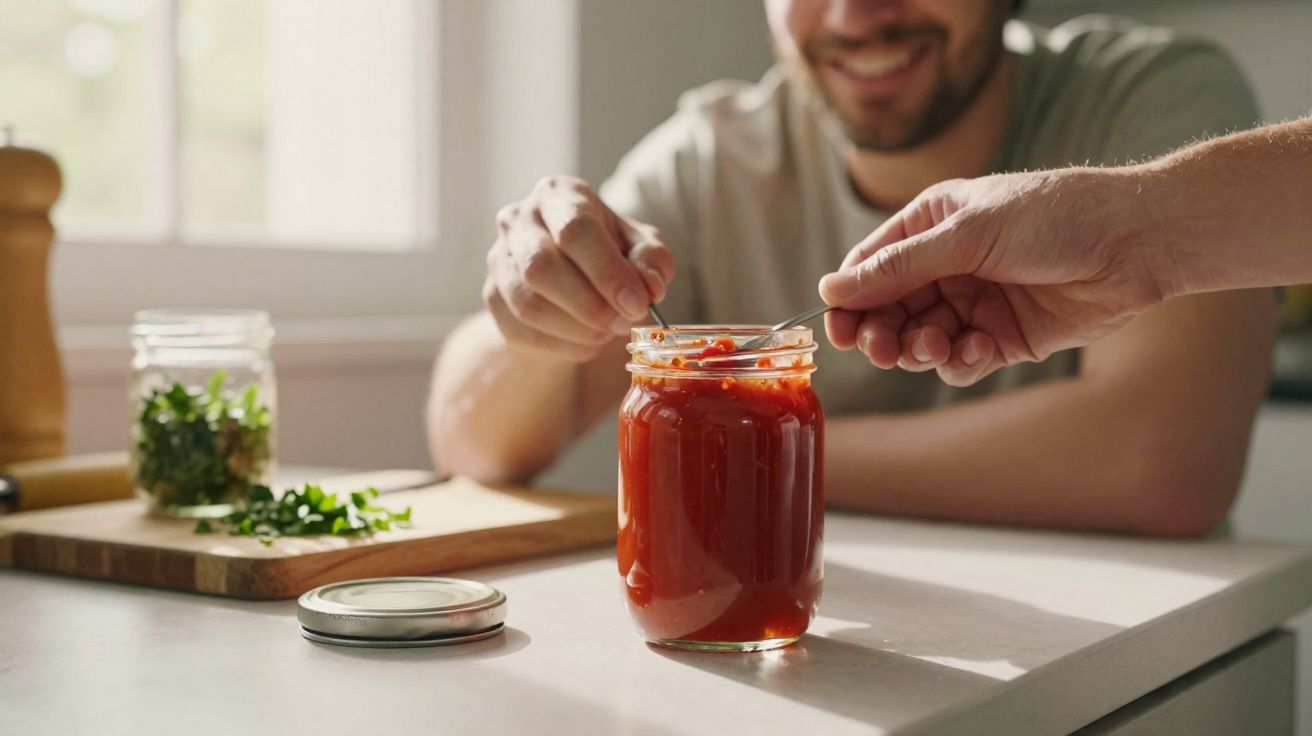 Duas pessoas a provar molho de tomate num pote de vidro enquanto estão numa cozinha iluminada.