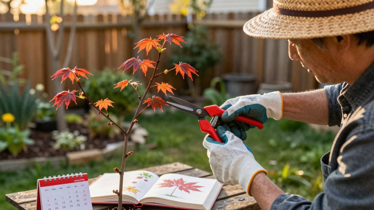 Pessoa a podar uma pequena árvore com tesoura de jardinagem numa mesa de madeira com livro aberto e calendário.