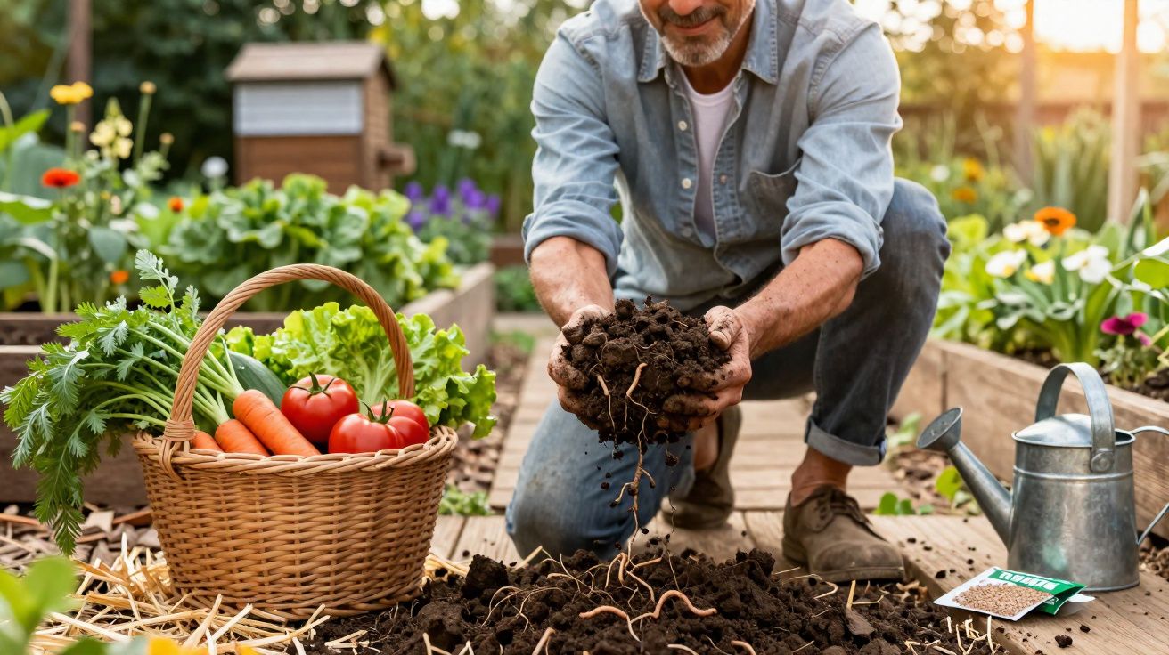 Homem a apanhar terra com minhocas numa horta, com cesta de legumes frescos e regador ao lado.