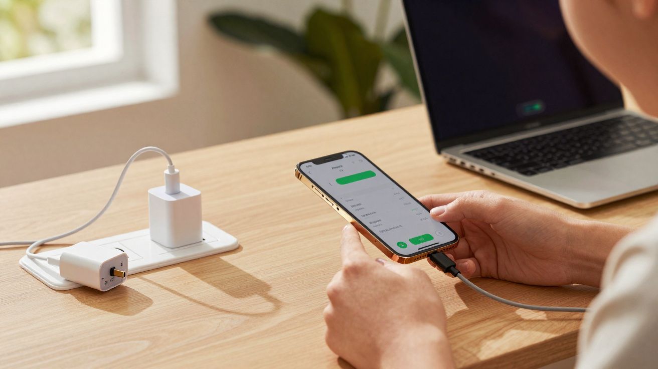 Pessoa a segurar um smartphone ligado a cabo USB, com portátil aberto numa mesa de madeira.