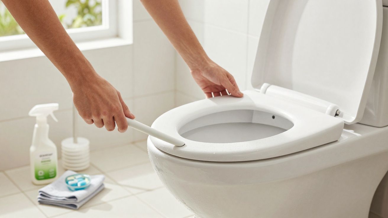 Pessoa a limpar o interior de uma sanita branca com escova num casa de banho iluminada.