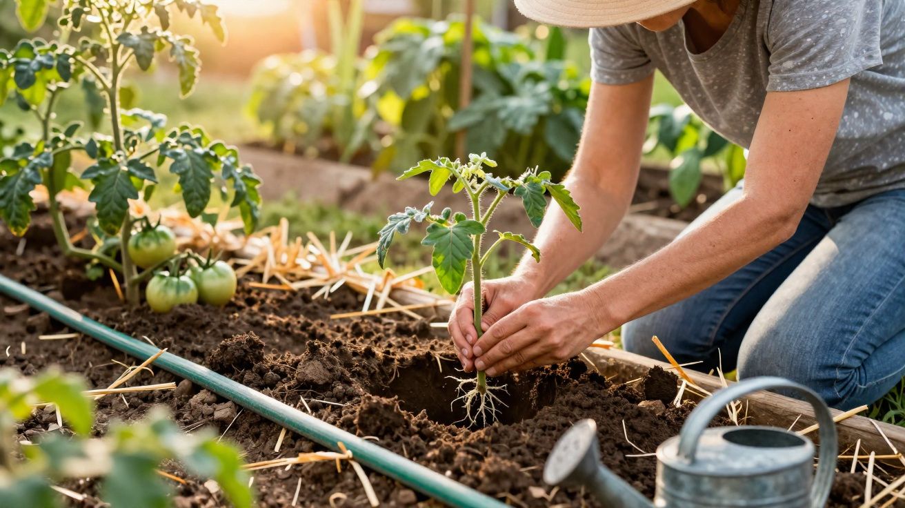 Pessoa a plantar muda de tomateiro num canteiro de terra com regador ao lado, em jardim.