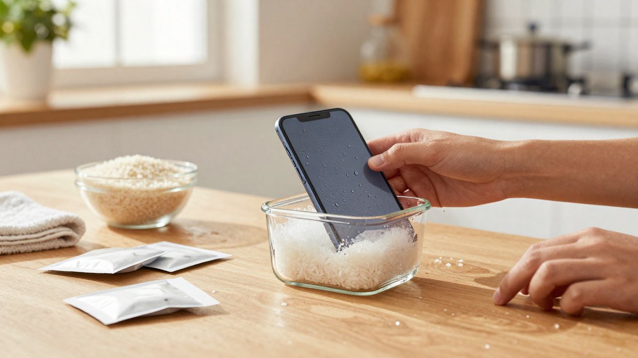 Pessoa a colocar um telemóvel num recipiente com arroz para absorver humidade numa cozinha.