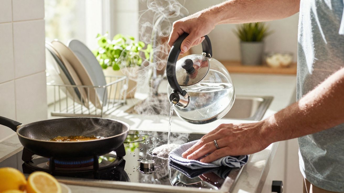 Pessoa a limpar fogão com pano enquanto despeja água a ferver de um jarro de vidro.