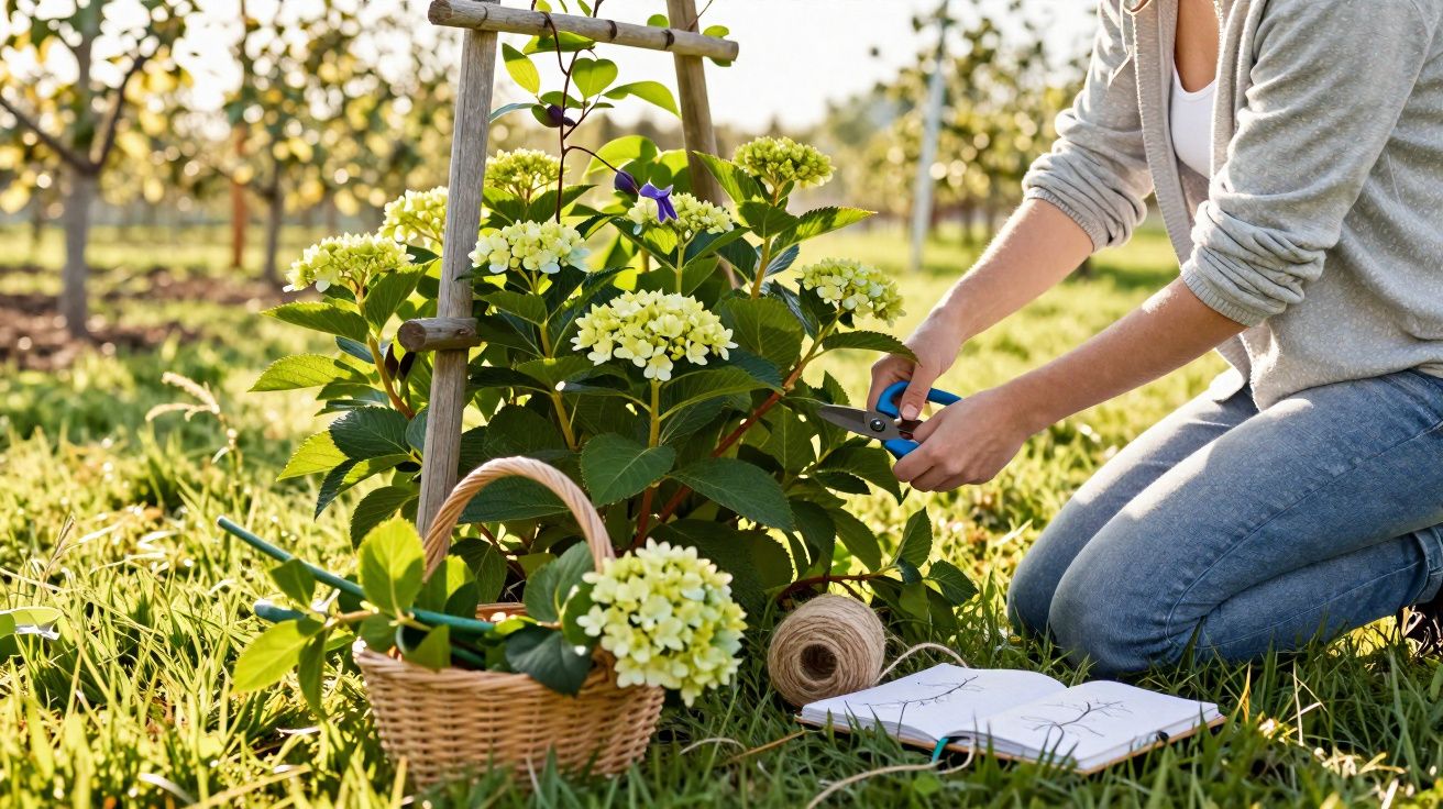 Pessoa a podar flores amarelas num jardim com cesta de flores e caderno ao lado durante o dia.