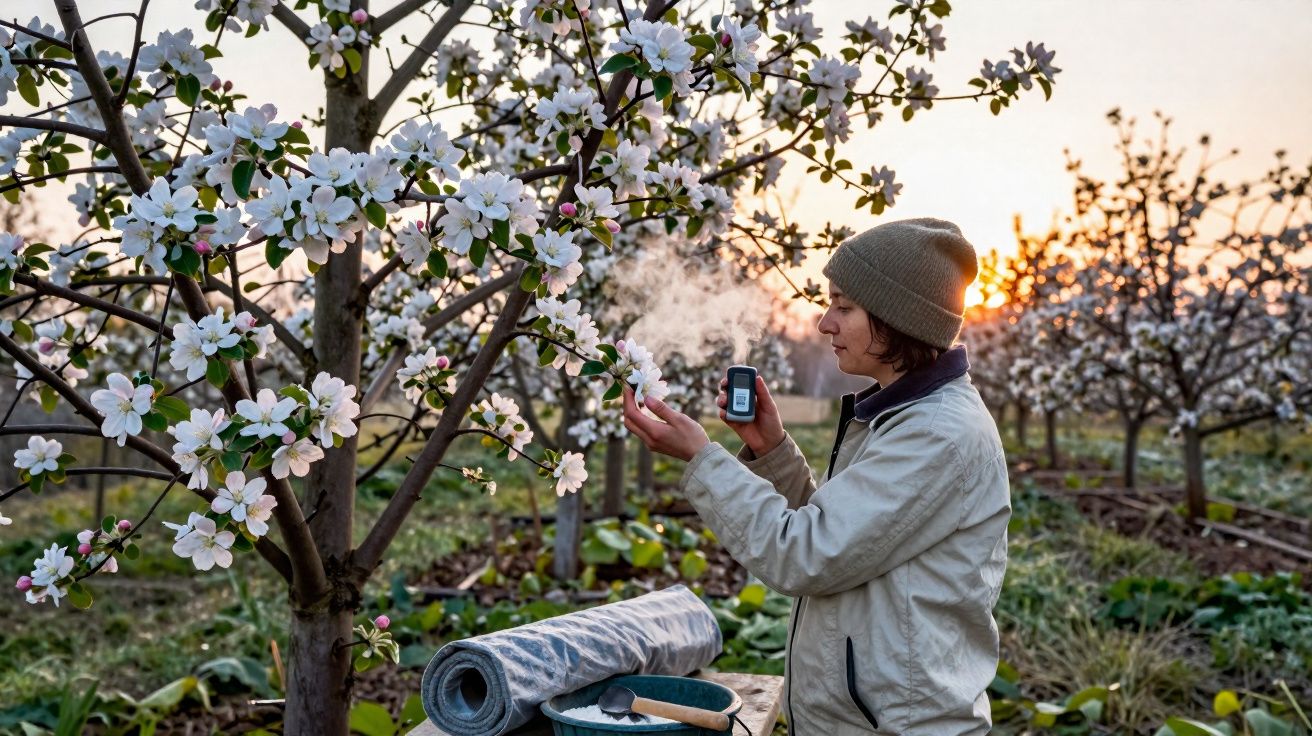 Pessoa com gorro analisa flor de árvore em pomar florido ao pôr do sol, com vapor visível no ar.