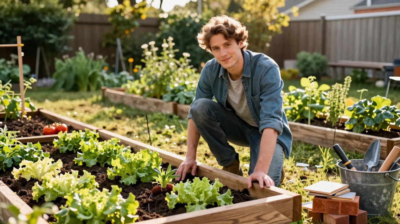 Jovem agachado numa horta urbana com alfaces e ferramentas de jardinagem ao lado num dia ensolarado.