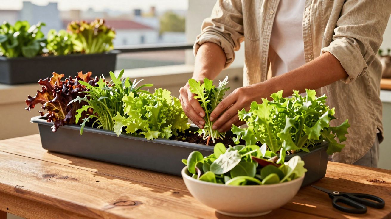 Pessoa a cuidar de várias plantas de alfaces e verduras num vaso retangular numa mesa de madeira.
