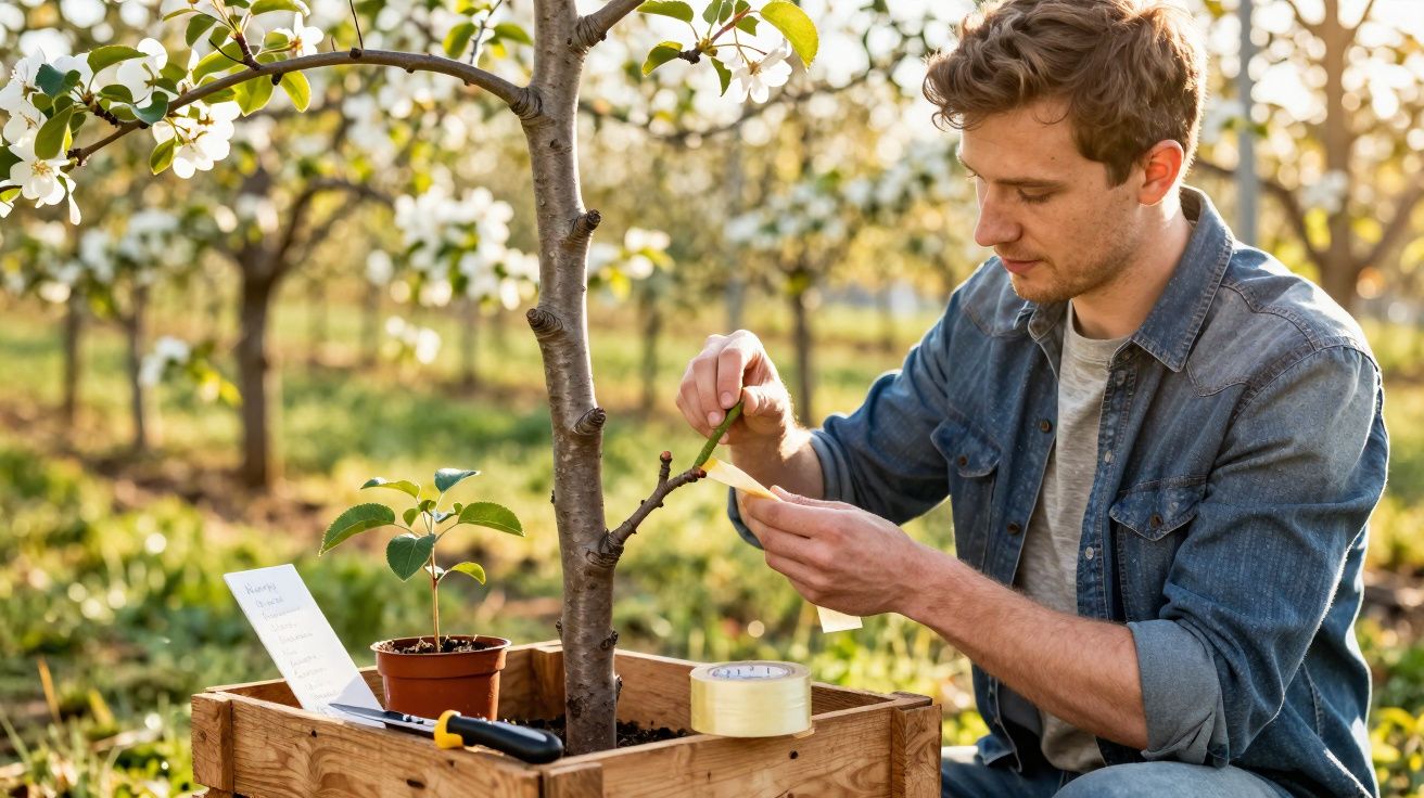 Homem a trabalhar na jardinagem, a podar uma árvore numa caixa de madeira num pomar florido.