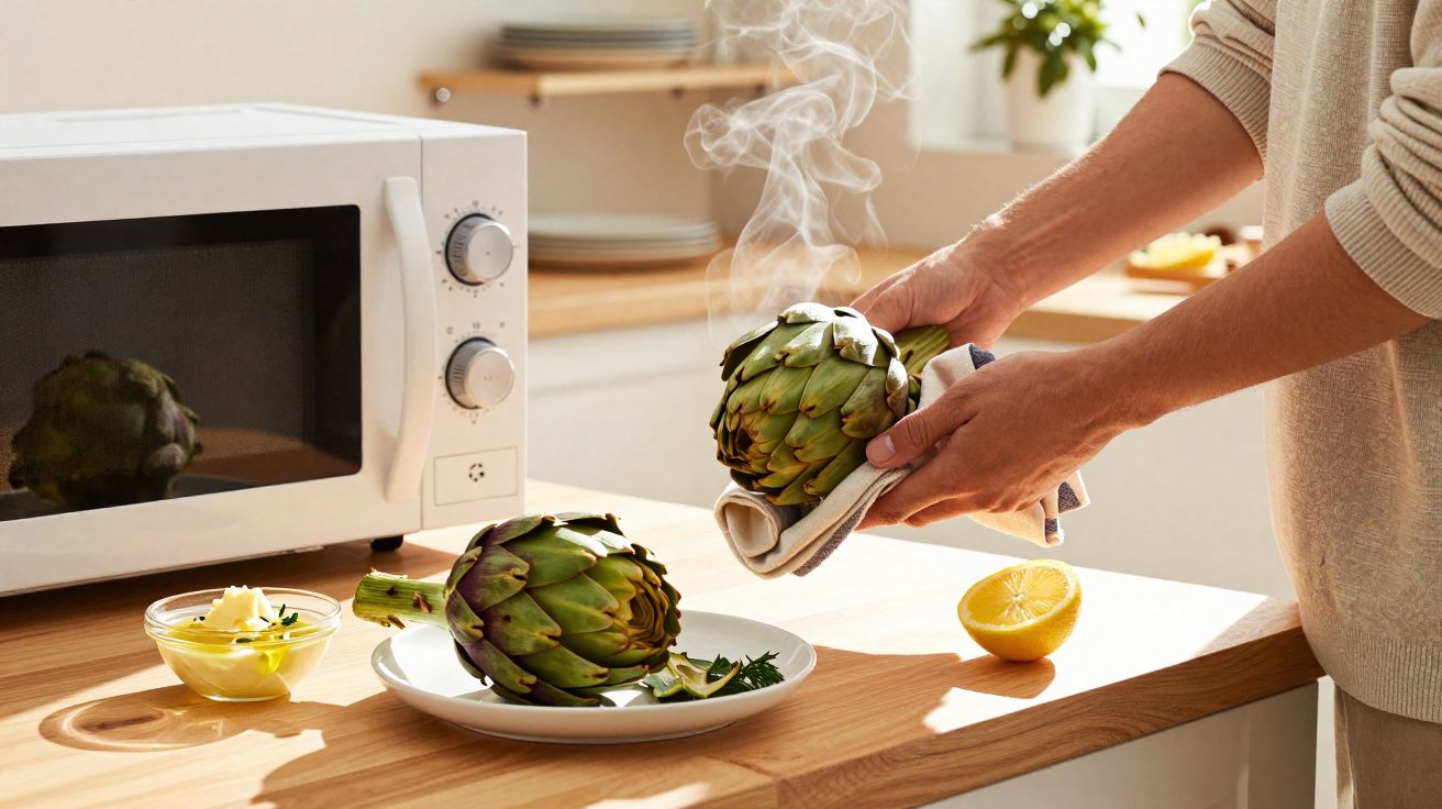 Pessoa a retirar alcachofra quente do micro-ondas com pano, sobre bancada de cozinha com limão e manteiga.