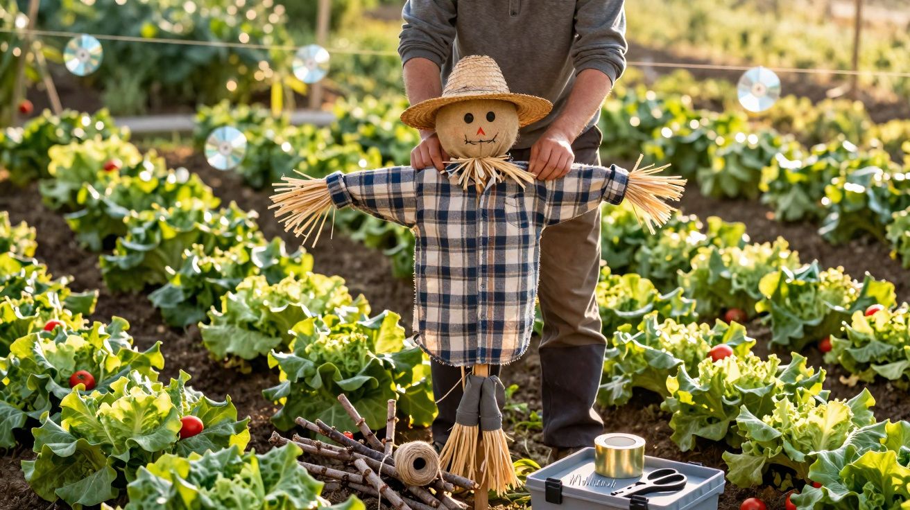 Homem a montar um espantalho numa horta com alfaces e tomates frescos ao fundo.