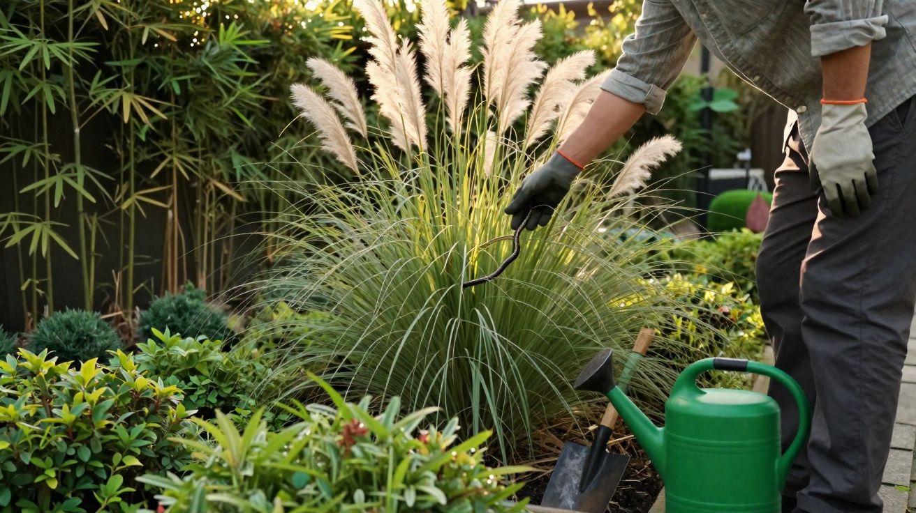 Pessoa a cuidar de plantas num jardim com regador verde e várias plantas ornamentais ao redor.
