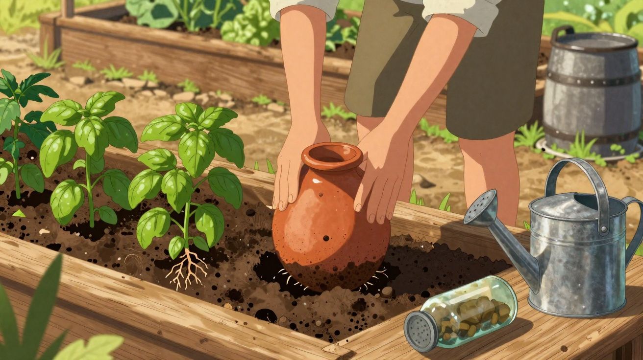 Pessoa a plantar uma ânfora em canteiro com plantas verdes, regador metálico e frasco de sementes.