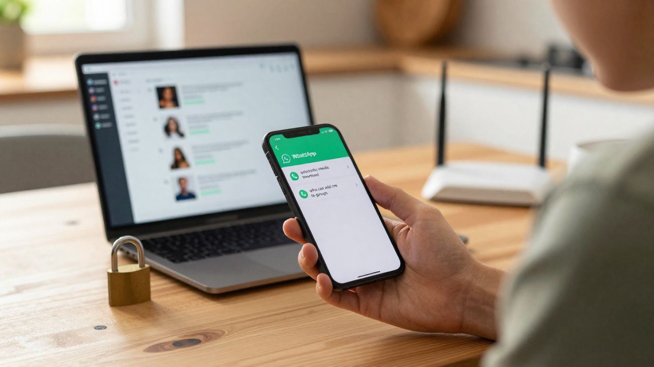 Pessoa a segurar telemóvel com mensagens WhatsApp, ao lado de portátil e cadeado em mesa de madeira.