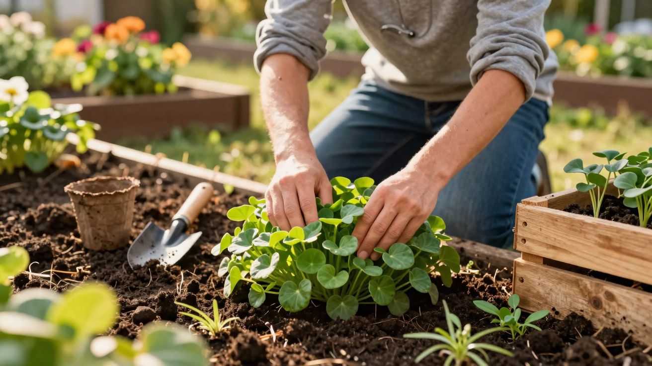 Pessoa a plantar ou cuidar de plantas verdes num canteiro de jardim com terra escura.