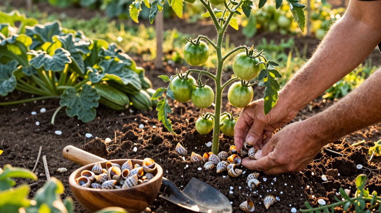 Mãos a espalhar caracóis em redor de planta de tomate verde num jardim com solo fértil e vegetação.