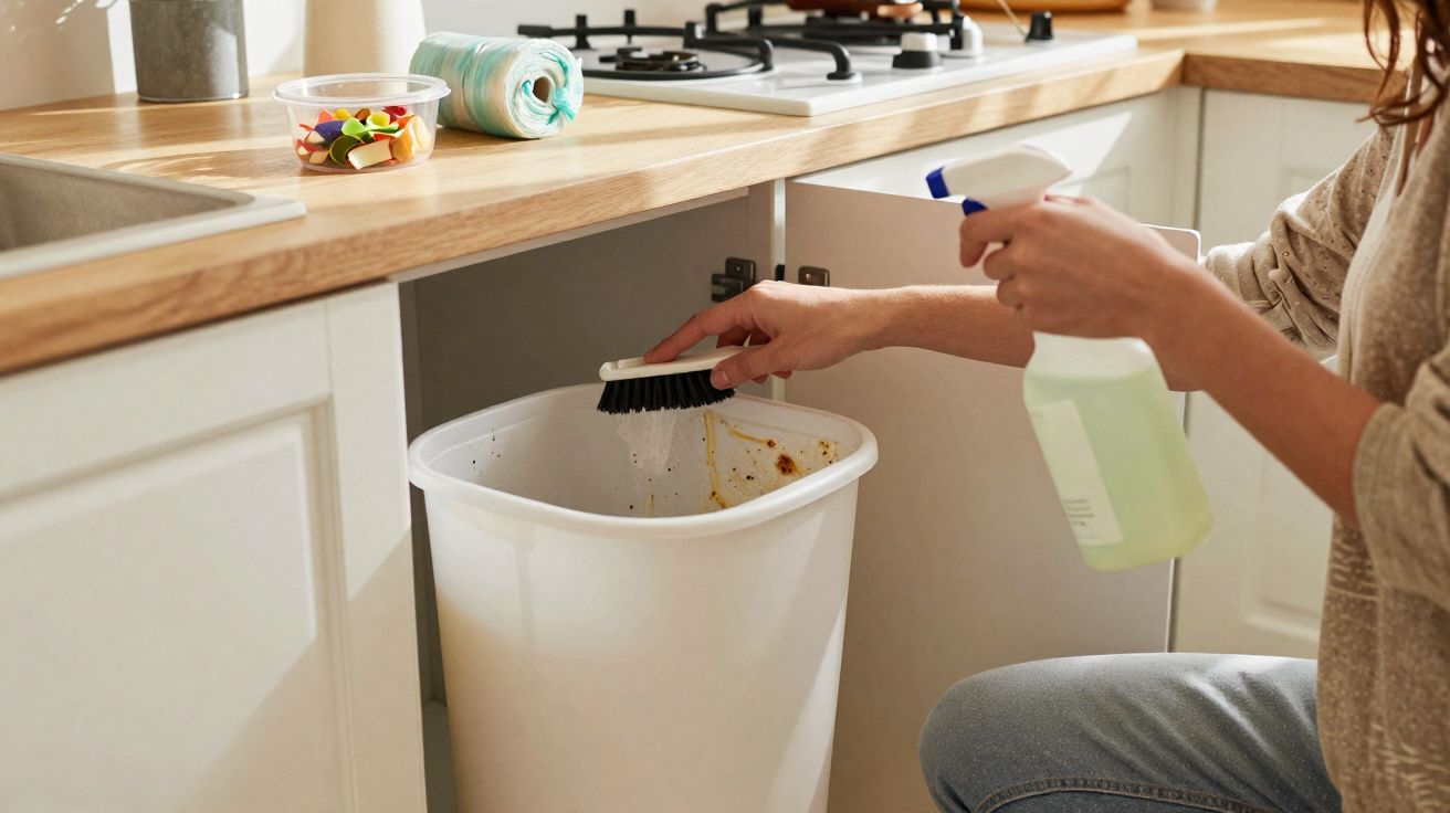 Pessoa a limpar interior de caixote do lixo na cozinha com escova e spray de limpeza.