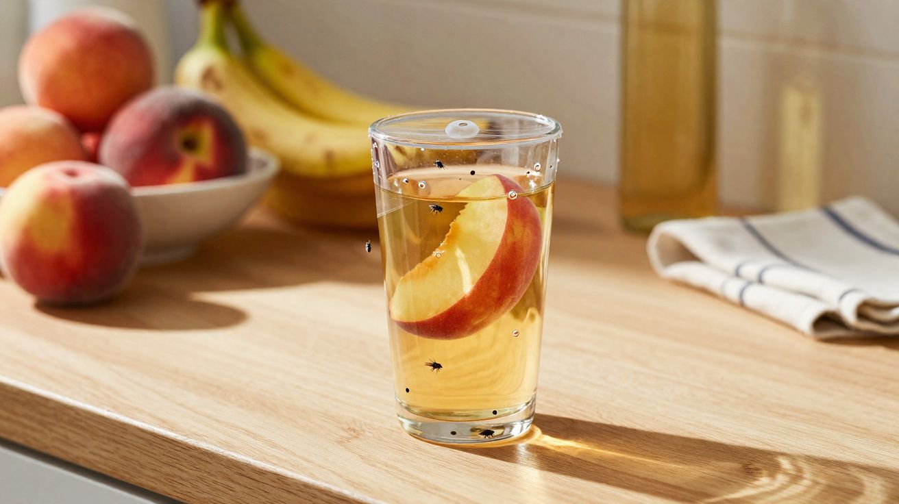 Copo com fatia de pêssego e várias moscas à volta numa bancada de cozinha iluminada.