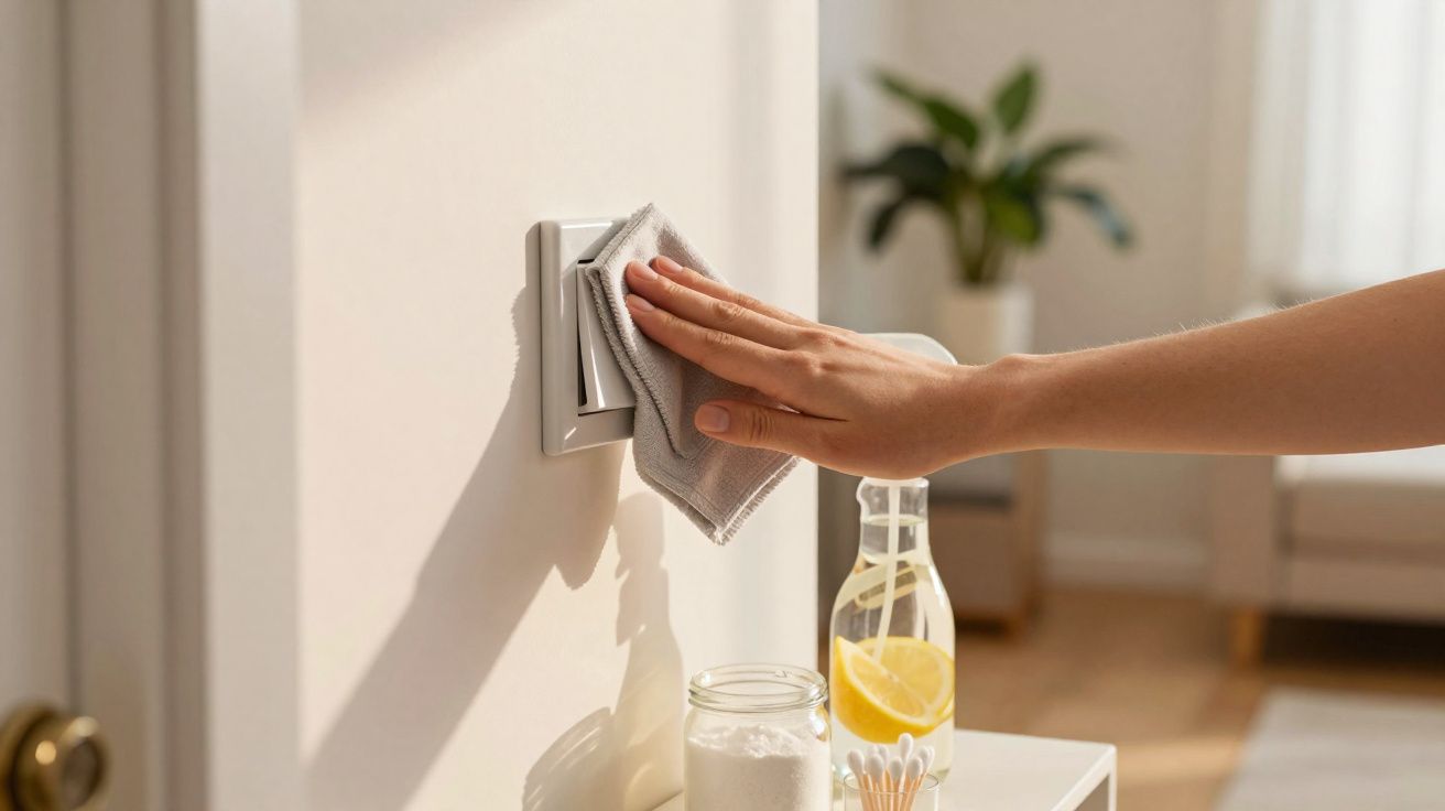 Mão limpa interruptor de luz com pano, ao lado jarro com limão, frasco de pó e cotonetes numa mesa.