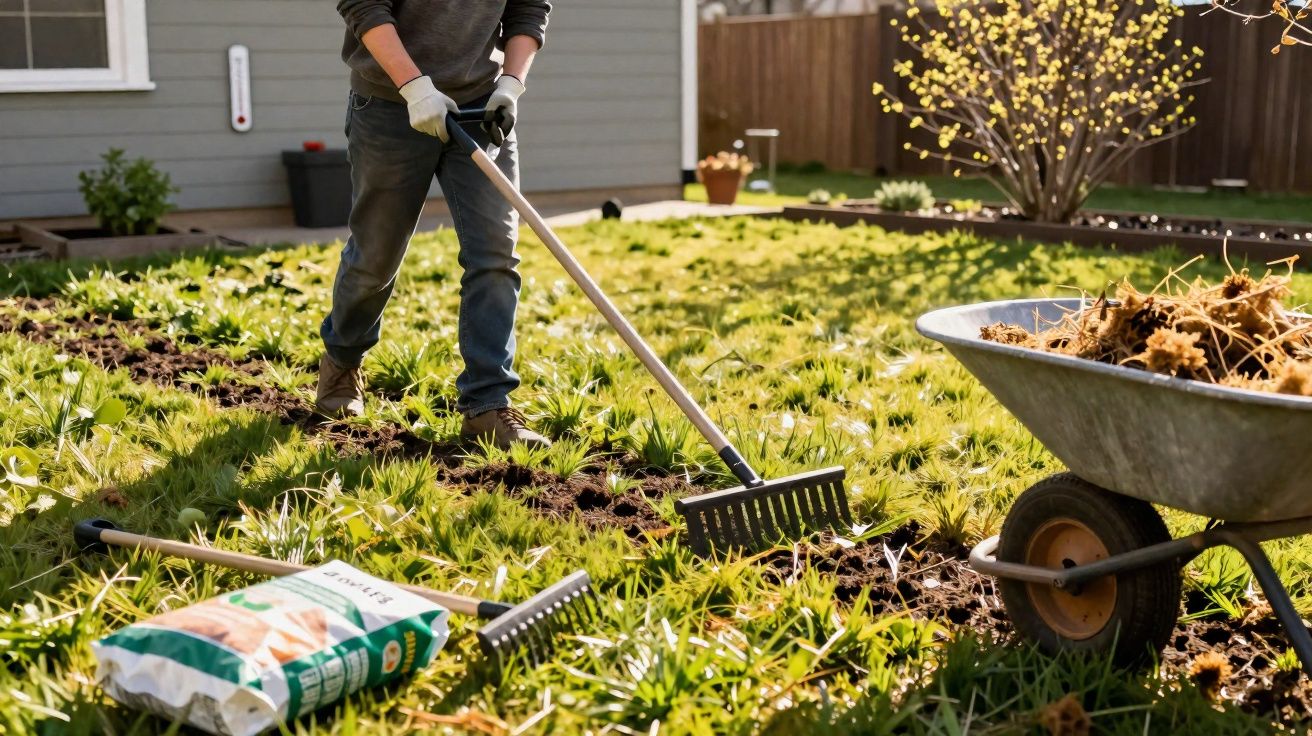 Pessoa a cuidar do jardim, a usar ancinho para limpar folhas numa área com relva e carrinho de mão cheio de folhas.