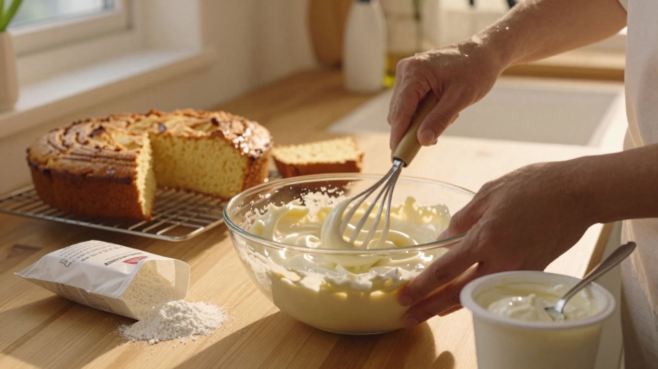 Mãos a mexer chantilly numa taça de vidro, bolo fatiado e ingredientes sobre bancada de madeira.